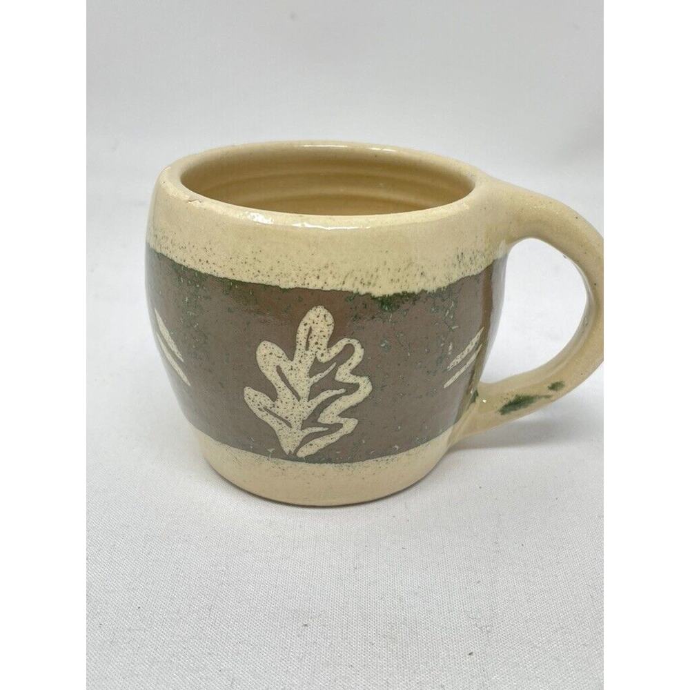 Coffee Mug Pottery Oak Leaf Hand Thrown Signed 12oz